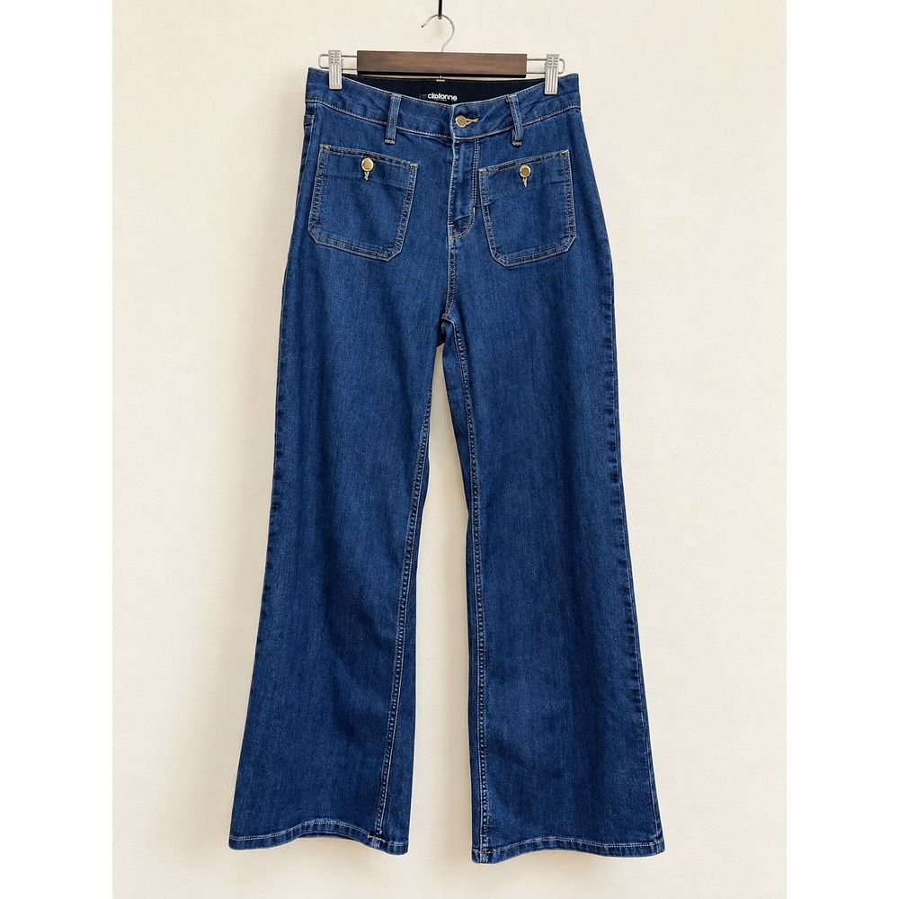 Liz Claiborne High Rise Wide Leg Jeans Dark Wash Patch Pockets Size 6